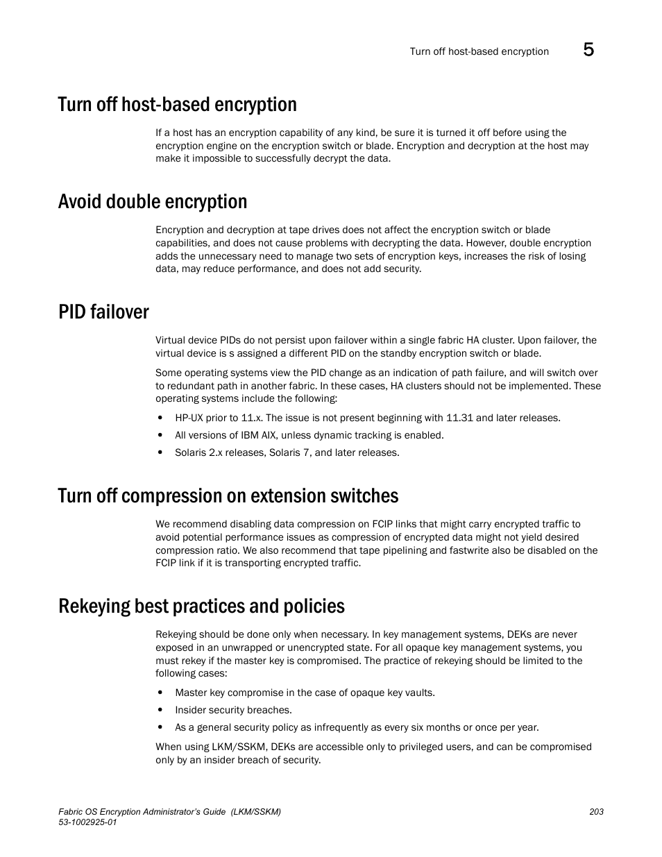 Turn off host-based encryption, Avoid double encryption, Pid failover | Turn off compression on extension switches, Rekeying best practices and policies | Brocade Fabric OS Encryption Administrator’s Guide Supporting NetApp Lifetime Key Manager (LKM) and KeySecure Storage Secure Key Manager (SSKM) Environments (Supporting Fabric OS v7.2.0) User Manual | Page 221 / 300