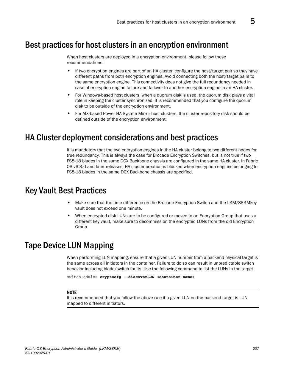 Key vault best practices, Tape device lun mapping | Brocade Fabric OS Encryption Administrator’s Guide Supporting NetApp Lifetime Key Manager (LKM) and KeySecure Storage Secure Key Manager (SSKM) Environments (Supporting Fabric OS v7.2.0) User Manual | Page 225 / 300