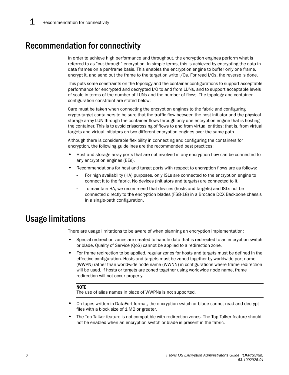 Recommendation for connectivity, Usage limitations | Brocade Fabric OS Encryption Administrator’s Guide Supporting NetApp Lifetime Key Manager (LKM) and KeySecure Storage Secure Key Manager (SSKM) Environments (Supporting Fabric OS v7.2.0) User Manual | Page 24 / 300