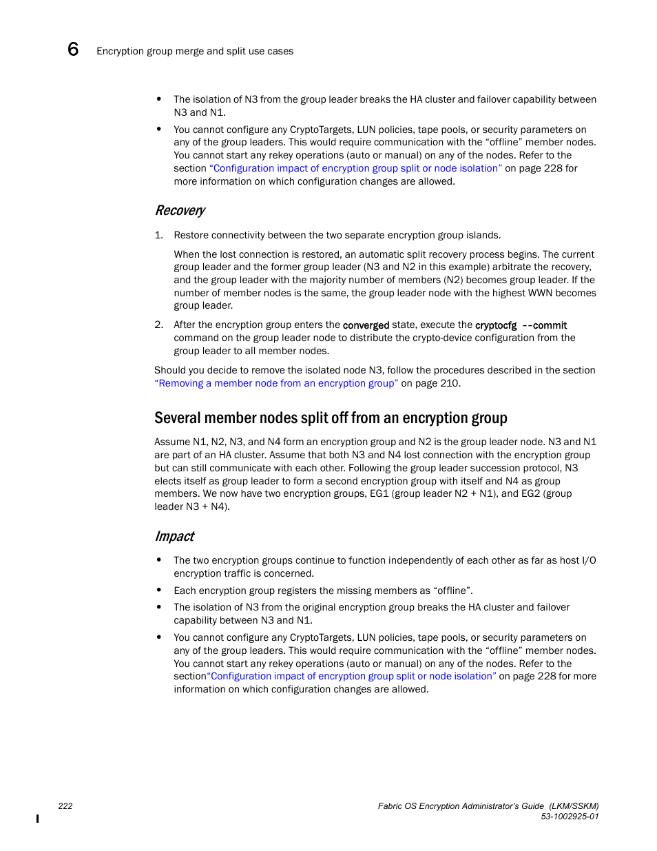 Recovery, Impact | Brocade Fabric OS Encryption Administrator’s Guide Supporting NetApp Lifetime Key Manager (LKM) and KeySecure Storage Secure Key Manager (SSKM) Environments (Supporting Fabric OS v7.2.0) User Manual | Page 240 / 300