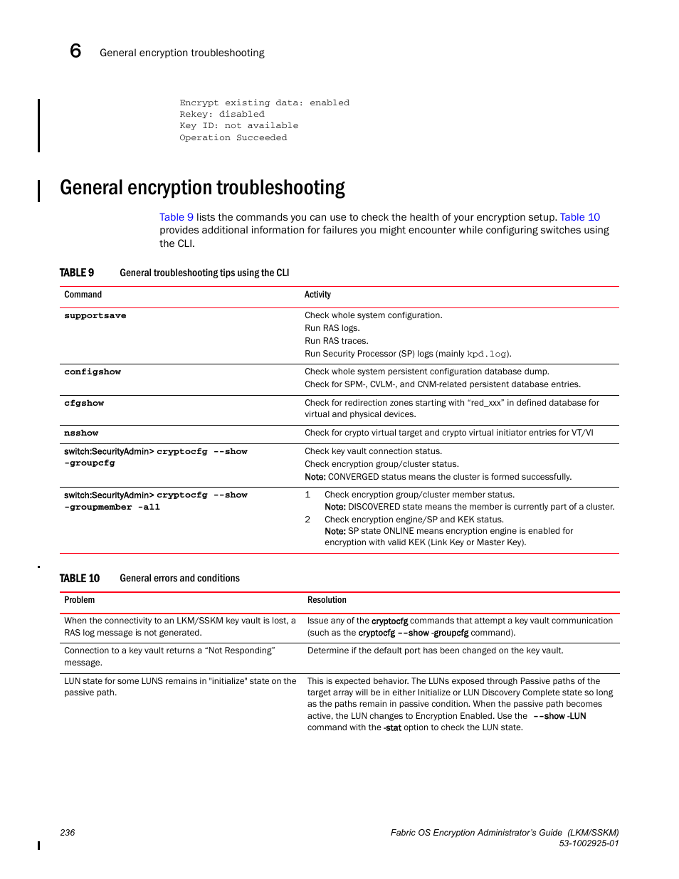 General encryption troubleshooting | Brocade Fabric OS Encryption Administrator’s Guide Supporting NetApp Lifetime Key Manager (LKM) and KeySecure Storage Secure Key Manager (SSKM) Environments (Supporting Fabric OS v7.2.0) User Manual | Page 254 / 300