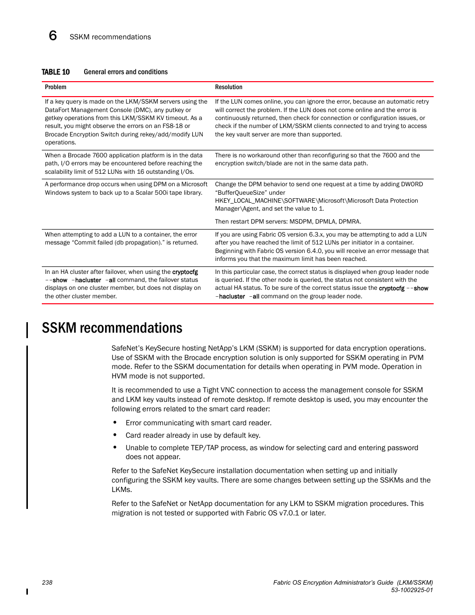 Sskm recommendations | Brocade Fabric OS Encryption Administrator’s Guide Supporting NetApp Lifetime Key Manager (LKM) and KeySecure Storage Secure Key Manager (SSKM) Environments (Supporting Fabric OS v7.2.0) User Manual | Page 256 / 300