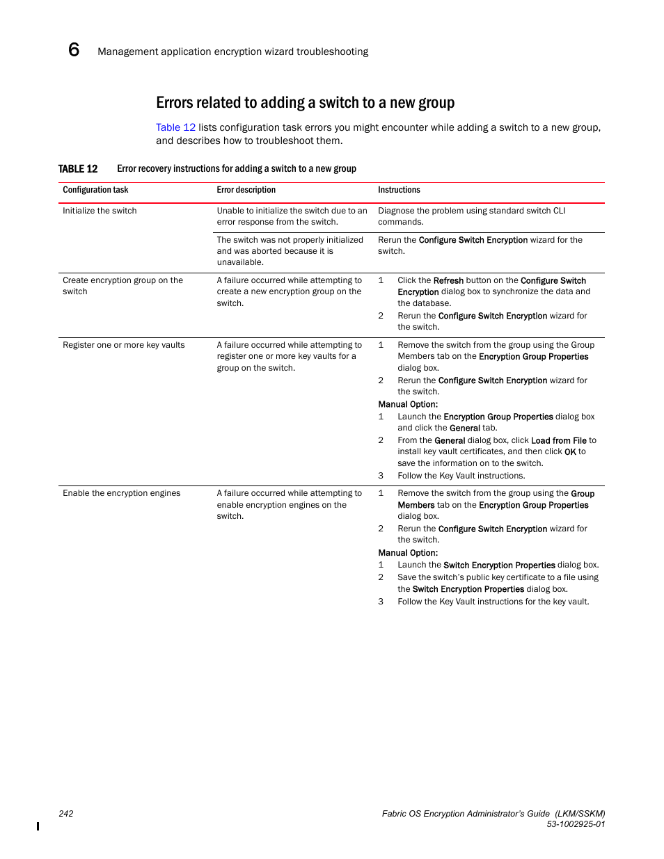 Errors related to adding a switch to a new group | Brocade Fabric OS Encryption Administrator’s Guide Supporting NetApp Lifetime Key Manager (LKM) and KeySecure Storage Secure Key Manager (SSKM) Environments (Supporting Fabric OS v7.2.0) User Manual | Page 260 / 300