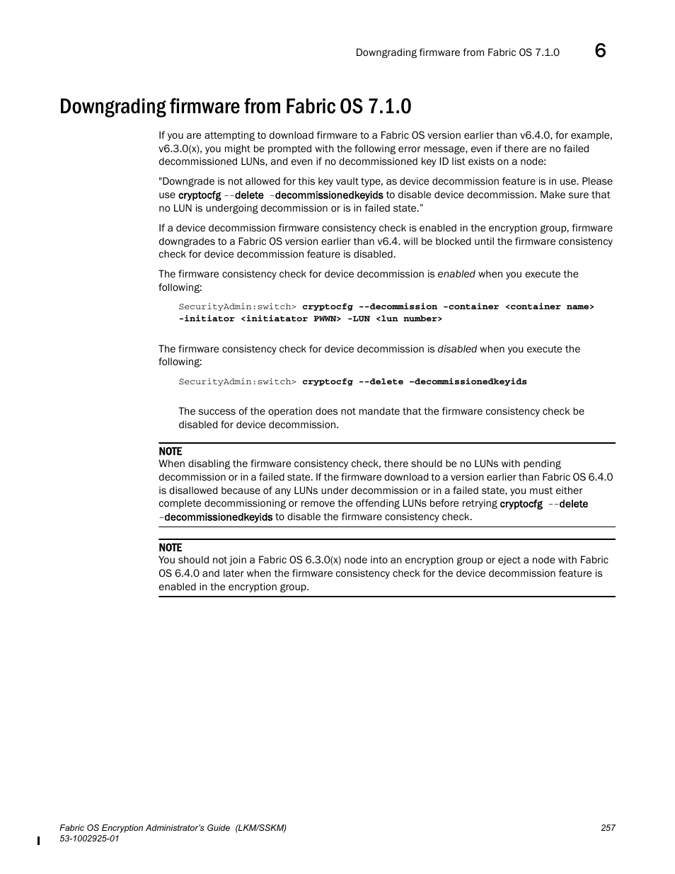 Downgrading firmware from fabric os 7.1.0 | Brocade Fabric OS Encryption Administrator’s Guide Supporting NetApp Lifetime Key Manager (LKM) and KeySecure Storage Secure Key Manager (SSKM) Environments (Supporting Fabric OS v7.2.0) User Manual | Page 275 / 300