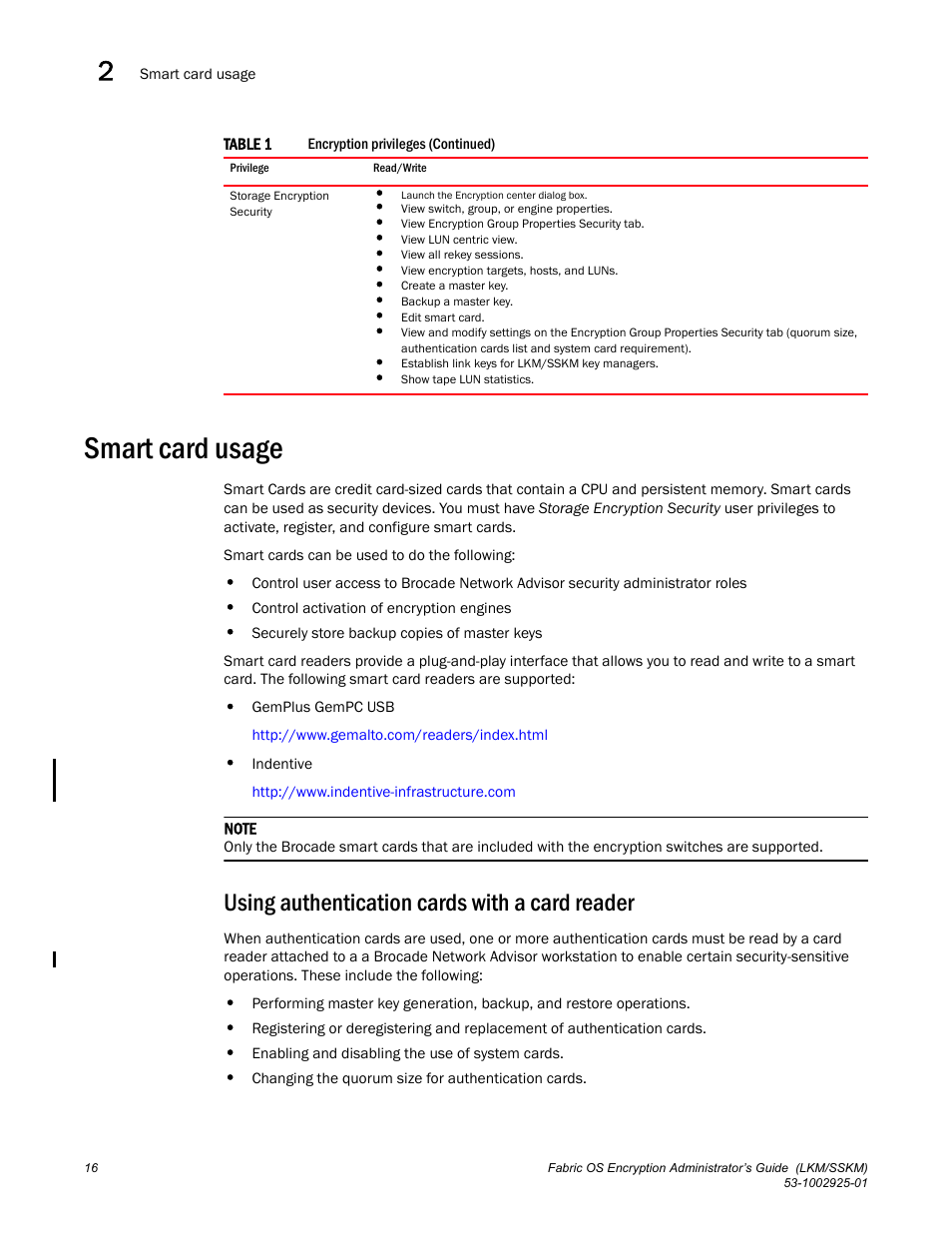 Smart card usage, Using authentication cards with a card reader | Brocade Fabric OS Encryption Administrator’s Guide Supporting NetApp Lifetime Key Manager (LKM) and KeySecure Storage Secure Key Manager (SSKM) Environments (Supporting Fabric OS v7.2.0) User Manual | Page 34 / 300