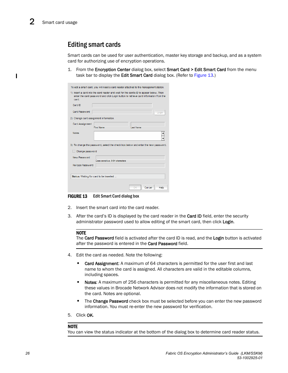 Editing smart cards | Brocade Fabric OS Encryption Administrator’s Guide Supporting NetApp Lifetime Key Manager (LKM) and KeySecure Storage Secure Key Manager (SSKM) Environments (Supporting Fabric OS v7.2.0) User Manual | Page 44 / 300