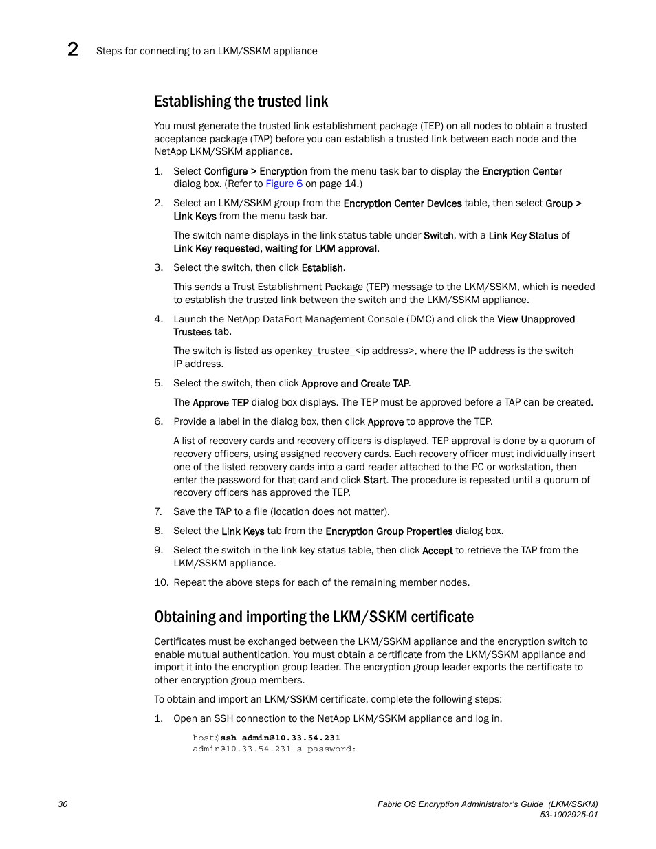 Establishing the trusted link, Obtaining and importing the lkm/sskm certificate | Brocade Fabric OS Encryption Administrator’s Guide Supporting NetApp Lifetime Key Manager (LKM) and KeySecure Storage Secure Key Manager (SSKM) Environments (Supporting Fabric OS v7.2.0) User Manual | Page 48 / 300