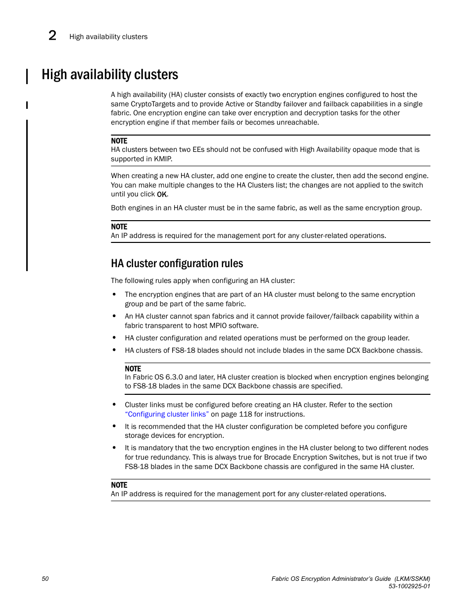 High availability clusters, Ha cluster configuration rules | Brocade Fabric OS Encryption Administrator’s Guide Supporting NetApp Lifetime Key Manager (LKM) and KeySecure Storage Secure Key Manager (SSKM) Environments (Supporting Fabric OS v7.2.0) User Manual | Page 68 / 300