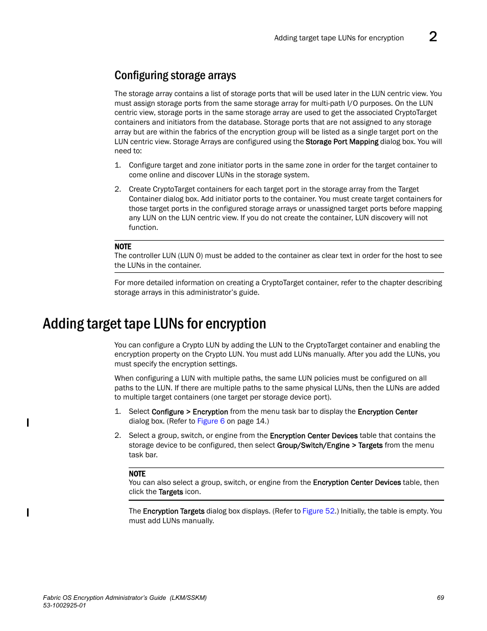 Configuring storage arrays, Adding target tape luns for encryption | Brocade Fabric OS Encryption Administrator’s Guide Supporting NetApp Lifetime Key Manager (LKM) and KeySecure Storage Secure Key Manager (SSKM) Environments (Supporting Fabric OS v7.2.0) User Manual | Page 87 / 300