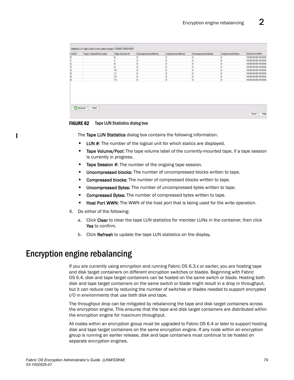 Encryption engine rebalancing, Figure 62, The statistics f | Brocade Fabric OS Encryption Administrator’s Guide Supporting NetApp Lifetime Key Manager (LKM) and KeySecure Storage Secure Key Manager (SSKM) Environments (Supporting Fabric OS v7.2.0) User Manual | Page 97 / 300