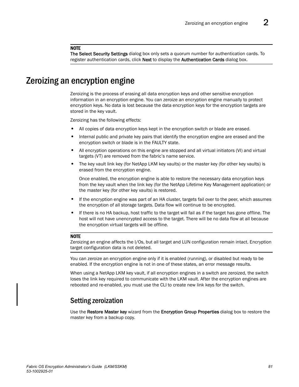 Zeroizing an encryption engine, Setting zeroization | Brocade Fabric OS Encryption Administrator’s Guide Supporting NetApp Lifetime Key Manager (LKM) and KeySecure Storage Secure Key Manager (SSKM) Environments (Supporting Fabric OS v7.2.0) User Manual | Page 99 / 300