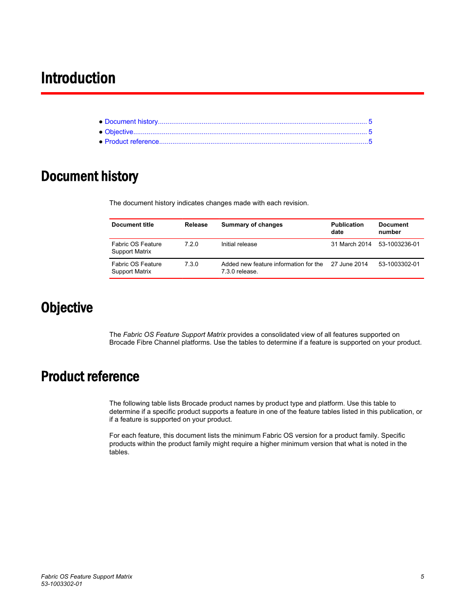 Introduction, Document history, Objective | Product reference, Document history objective product reference | Brocade Fabric OS Feature Support Matrix (Supporting Fabric OS v7.3.0) User Manual | Page 5 / 12