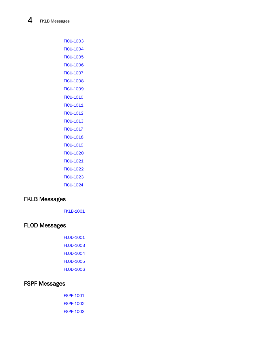 Fklb messages, Flod messages, Fspf messages | Brocade Fabric OS Message Reference (Supporting Fabric OS v7.3.0) User Manual | Page 108 / 1008