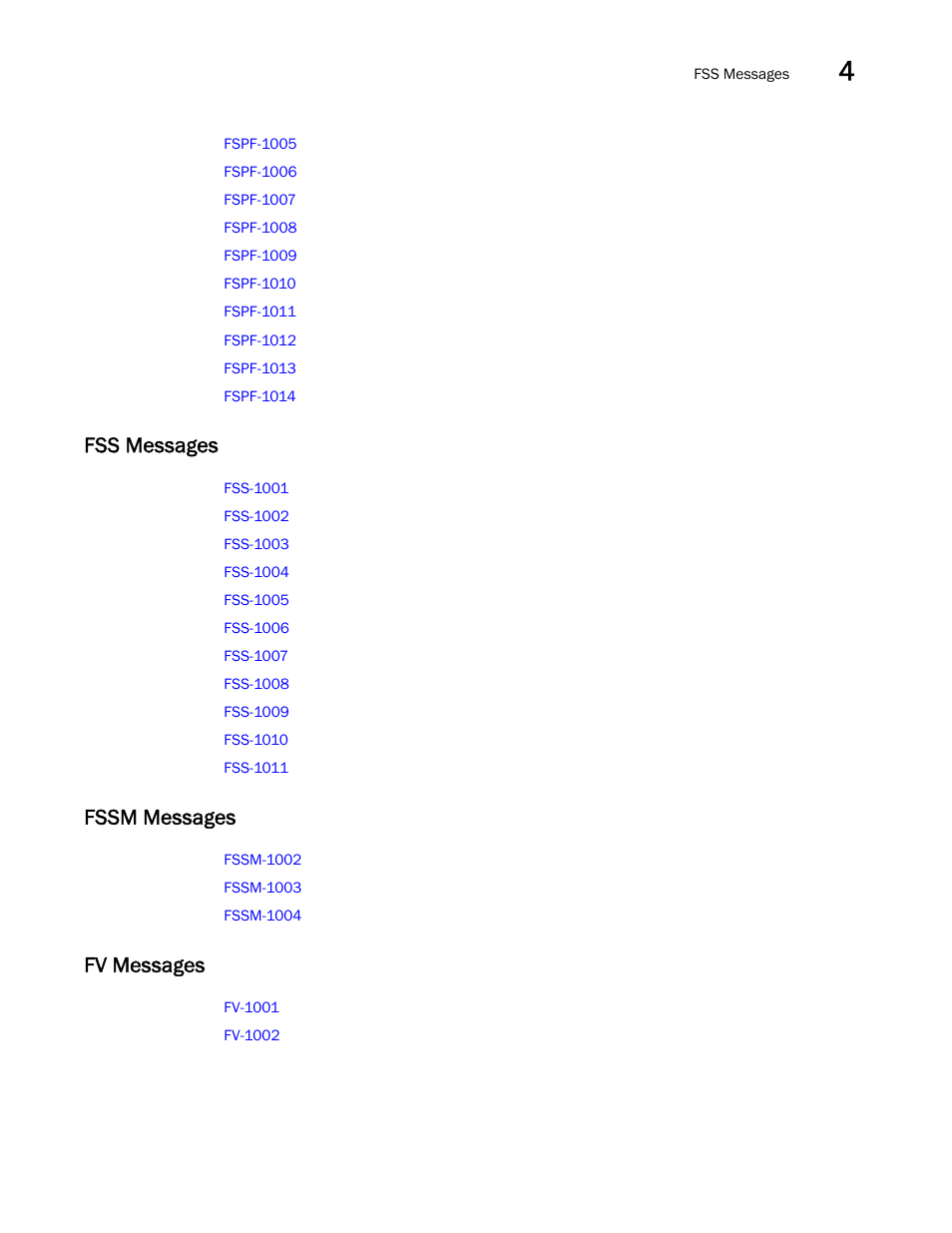 Fss messages, Fssm messages, Fv messages | Brocade Fabric OS Message Reference (Supporting Fabric OS v7.3.0) User Manual | Page 109 / 1008