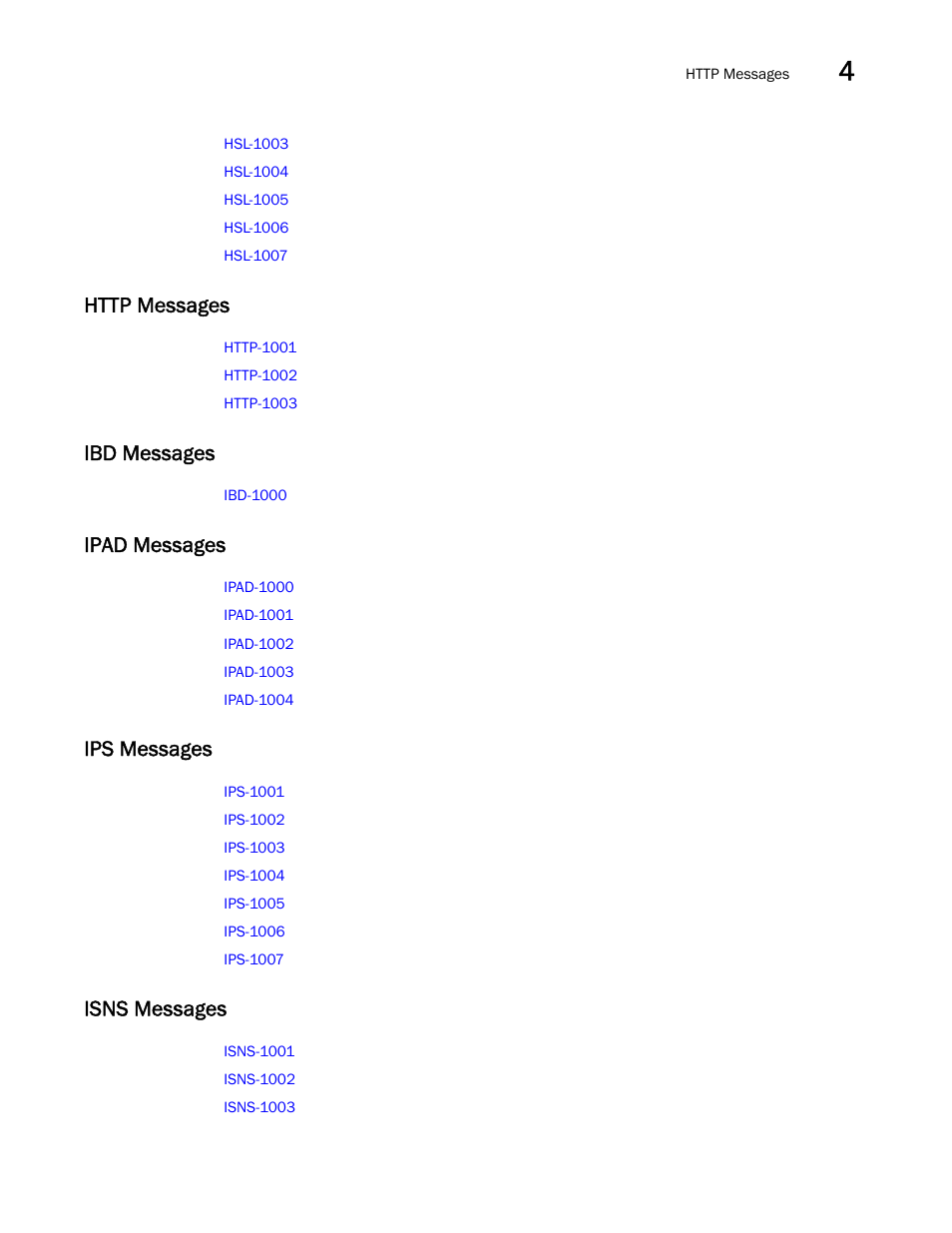 Http messages, Ibd messages, Ipad messages | Ips messages, Isns messages | Brocade Fabric OS Message Reference (Supporting Fabric OS v7.3.0) User Manual | Page 121 / 1008