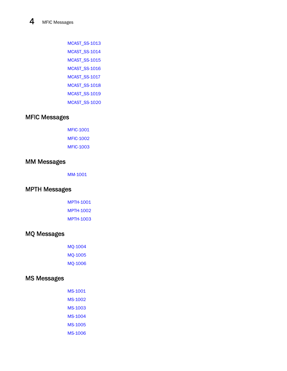 Mfic messages, Mm messages, Mpth messages | Mq messages, Ms messages | Brocade Fabric OS Message Reference (Supporting Fabric OS v7.3.0) User Manual | Page 126 / 1008