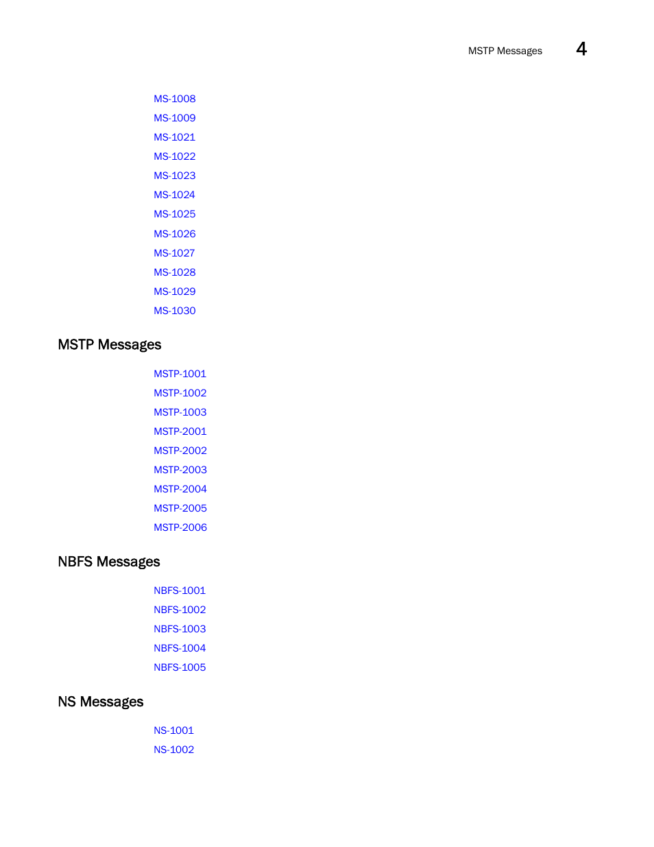 Mstp messages, Nbfs messages, Ns messages | Brocade Fabric OS Message Reference (Supporting Fabric OS v7.3.0) User Manual | Page 127 / 1008