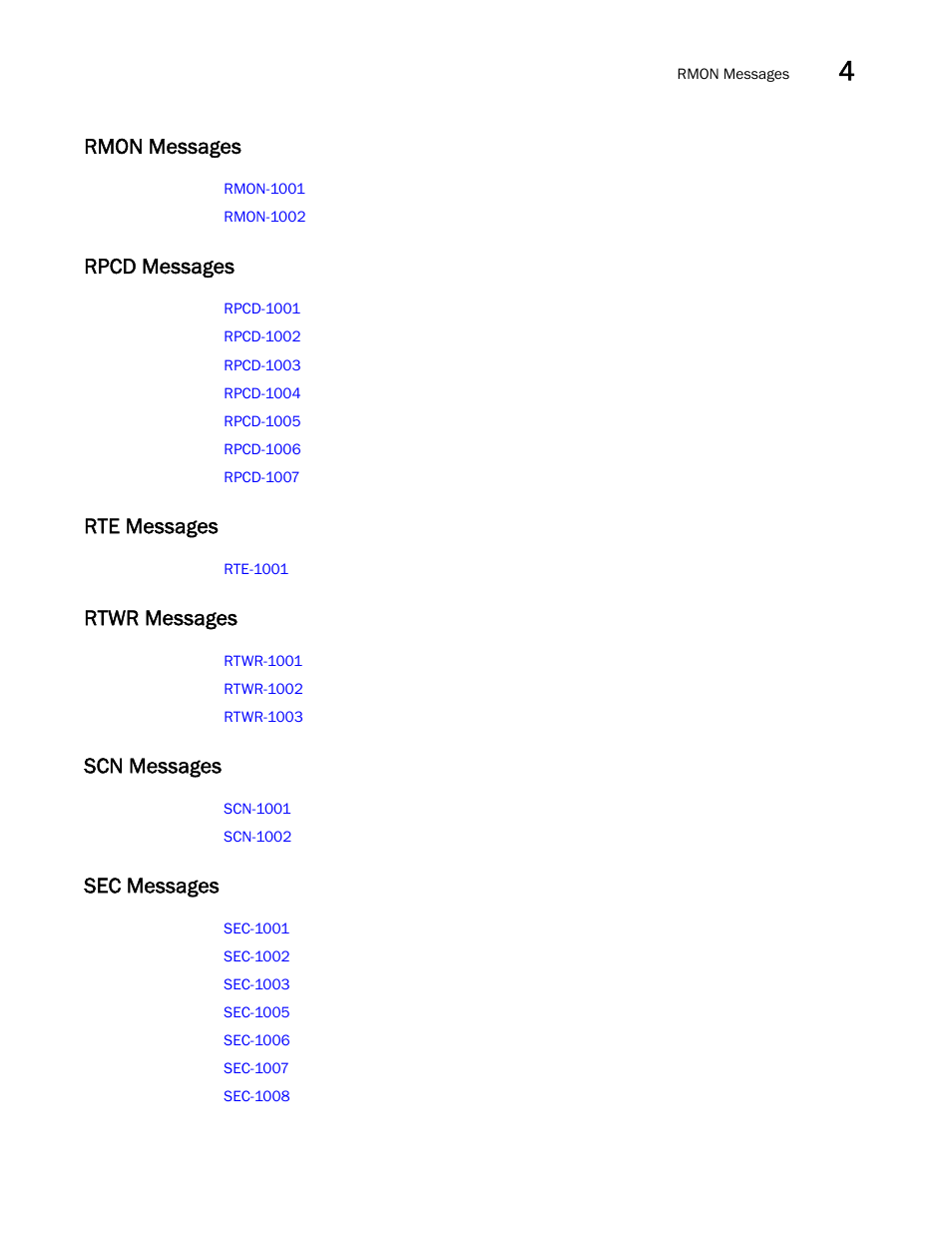 Rmon messages, Rpcd messages, Rte messages | Rtwr messages, Scn messages, Sec messages | Brocade Fabric OS Message Reference (Supporting Fabric OS v7.3.0) User Manual | Page 133 / 1008