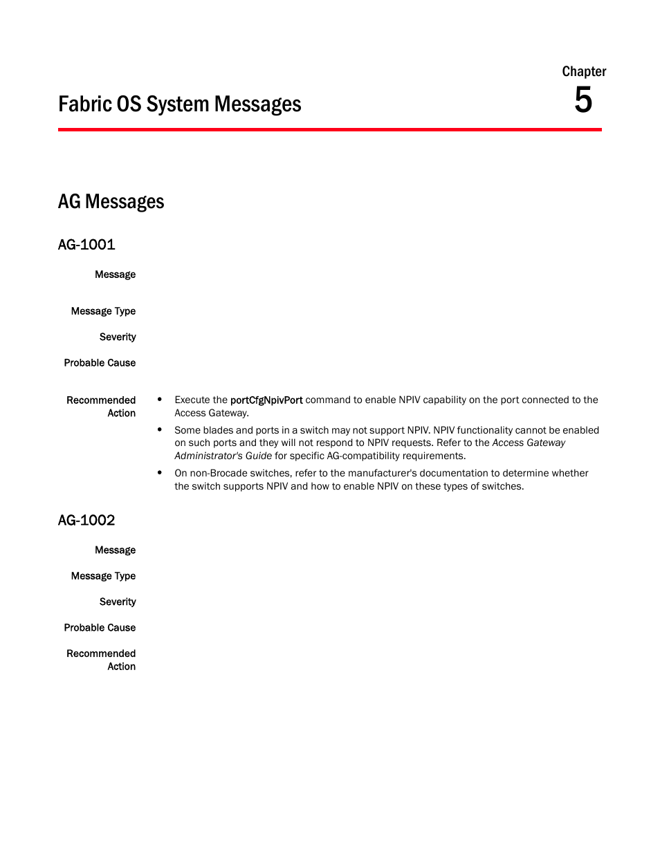 Fabric os system messages, Ag messages, Ag-1001 | Ag-1002, Chapter 5, Chapter | Brocade Fabric OS Message Reference (Supporting Fabric OS v7.3.0) User Manual | Page 153 / 1008