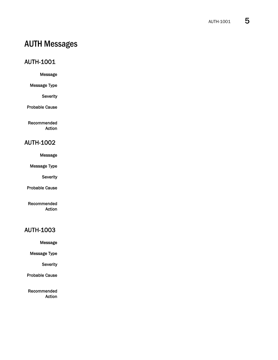Auth messages, Auth-1001, Auth-1002 | Auth-1003 | Brocade Fabric OS Message Reference (Supporting Fabric OS v7.3.0) User Manual | Page 177 / 1008