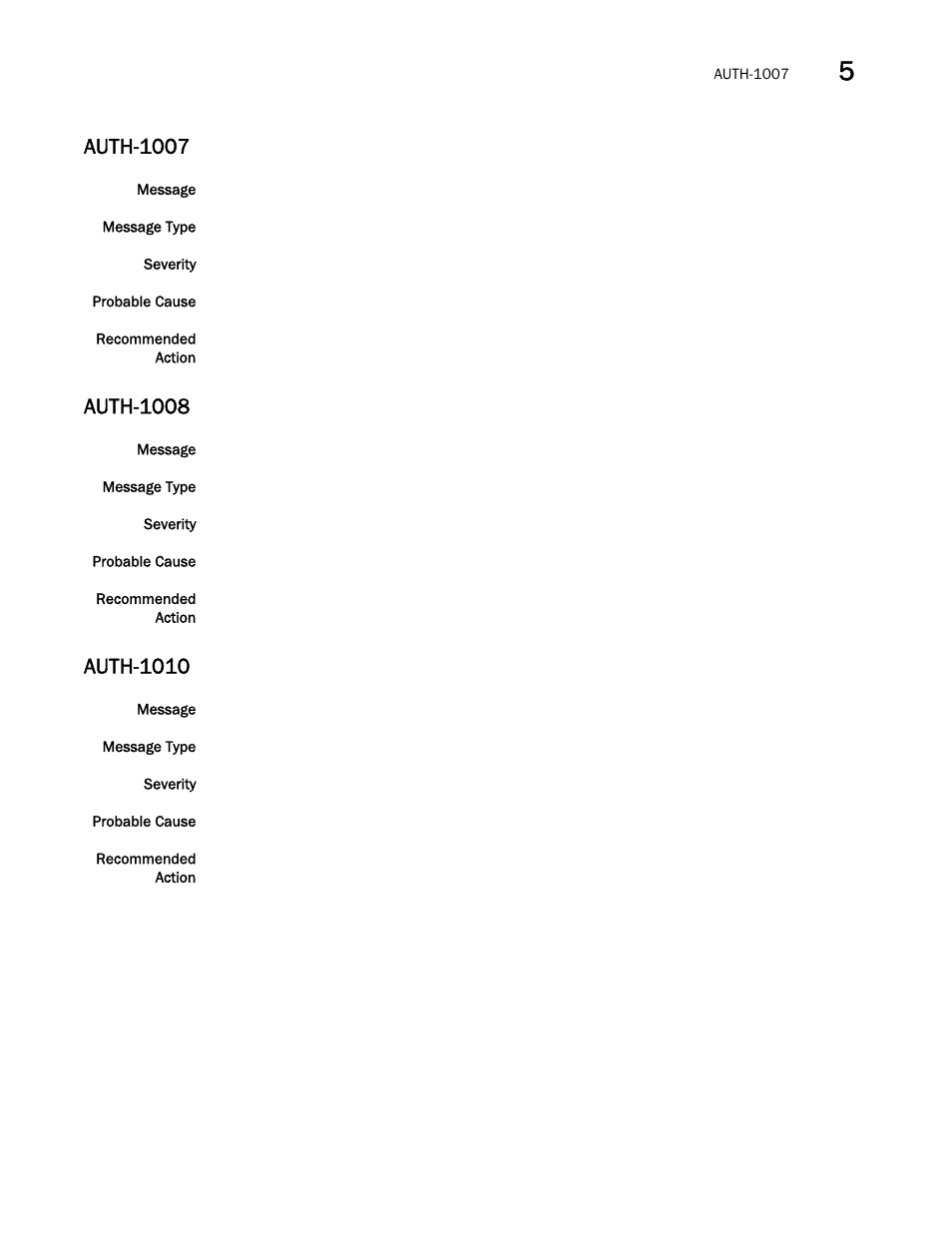 Auth-1007, Auth-1008, Auth-1010 | Brocade Fabric OS Message Reference (Supporting Fabric OS v7.3.0) User Manual | Page 179 / 1008