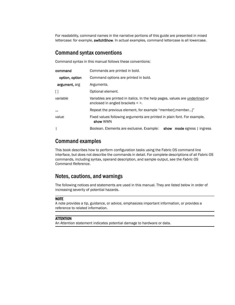 Command syntax conventions, Command examples, Notes, cautions, and warnings | Brocade Fabric OS Message Reference (Supporting Fabric OS v7.3.0) User Manual | Page 18 / 1008
