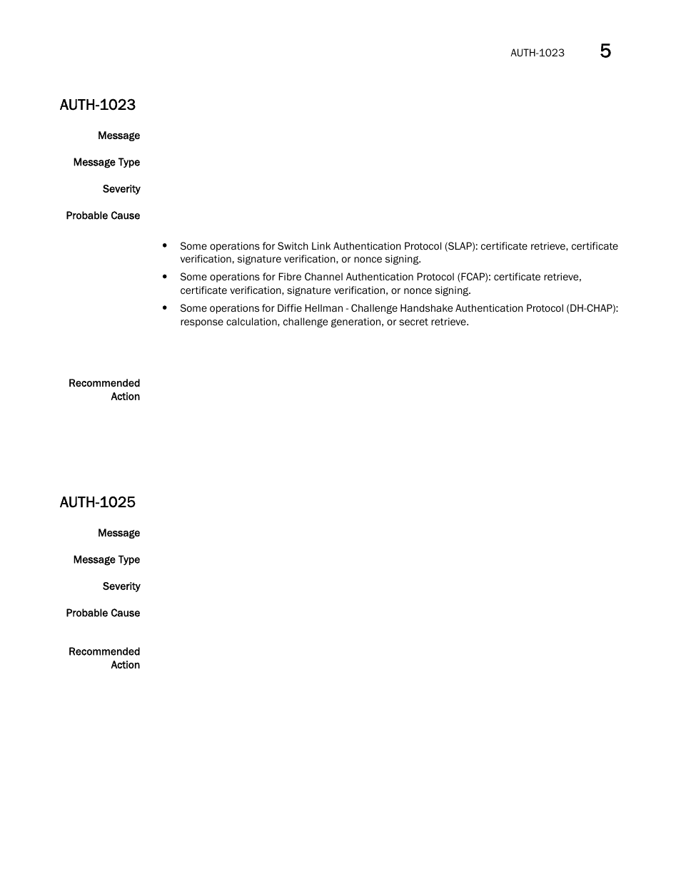 Auth-1023, Auth-1025 | Brocade Fabric OS Message Reference (Supporting Fabric OS v7.3.0) User Manual | Page 183 / 1008