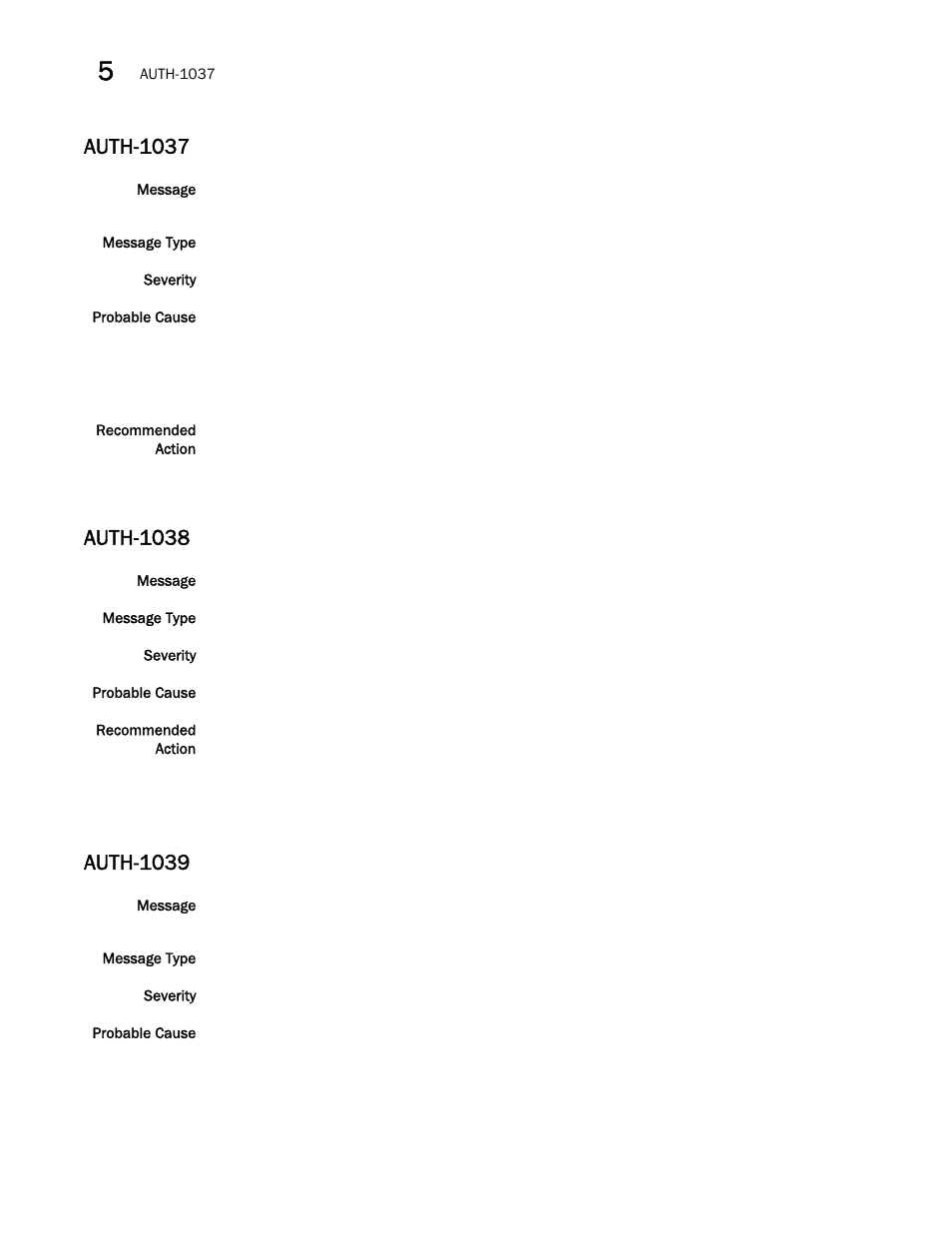 Auth-1037, Auth-1038, Auth-1039 | Brocade Fabric OS Message Reference (Supporting Fabric OS v7.3.0) User Manual | Page 188 / 1008