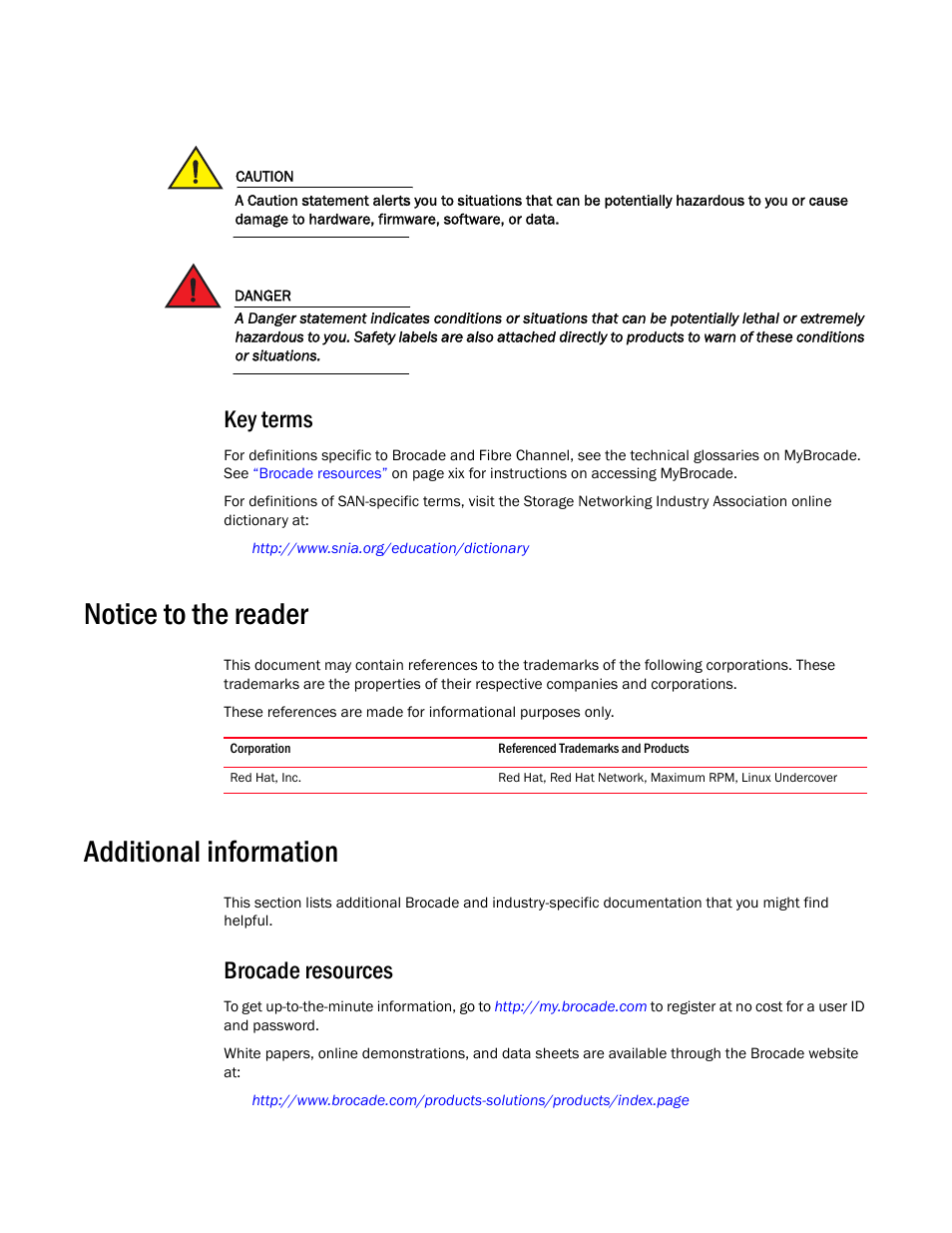 Key terms, Notice to the reader, Additional information | Brocade resources | Brocade Fabric OS Message Reference (Supporting Fabric OS v7.3.0) User Manual | Page 19 / 1008