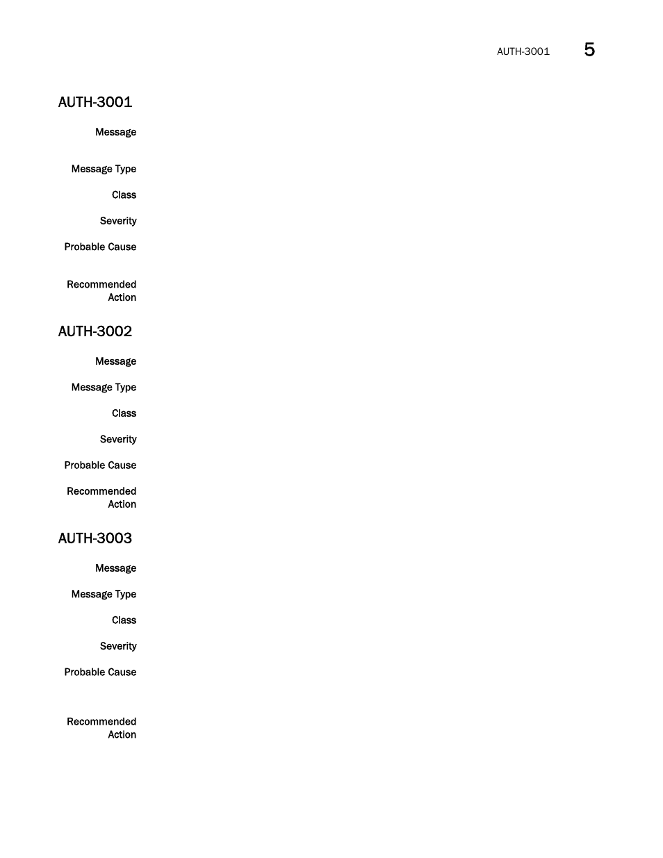 Auth-3001, Auth-3002, Auth-3003 | Brocade Fabric OS Message Reference (Supporting Fabric OS v7.3.0) User Manual | Page 193 / 1008
