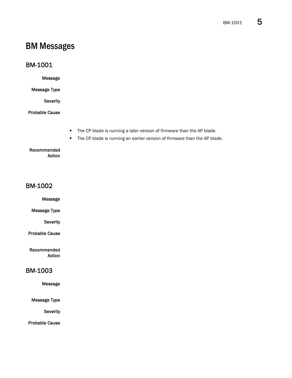 Bm messages, Bm-1001, Bm-1002 | Bm-1003 | Brocade Fabric OS Message Reference (Supporting Fabric OS v7.3.0) User Manual | Page 221 / 1008