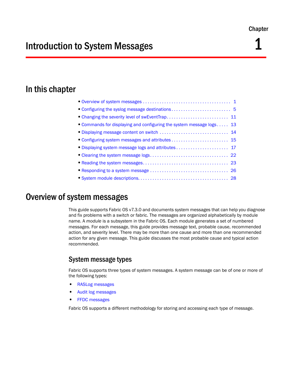 Introduction to system messages, Overview of system messages, System message types | Chapter 1, Chapter 1, “introduction to system messages | Brocade Fabric OS Message Reference (Supporting Fabric OS v7.3.0) User Manual | Page 23 / 1008