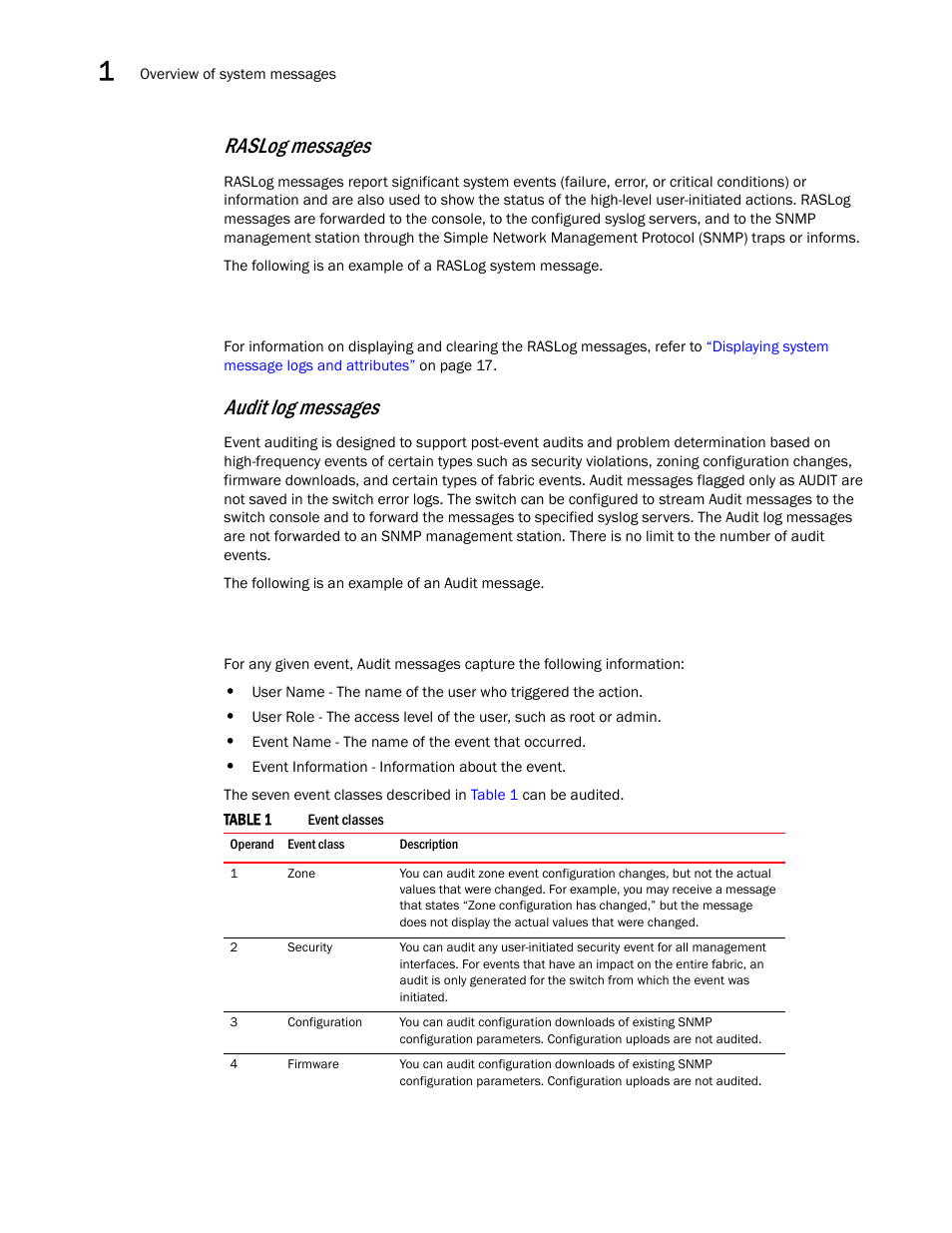 Raslog messages, Audit log messages | Brocade Fabric OS Message Reference (Supporting Fabric OS v7.3.0) User Manual | Page 24 / 1008