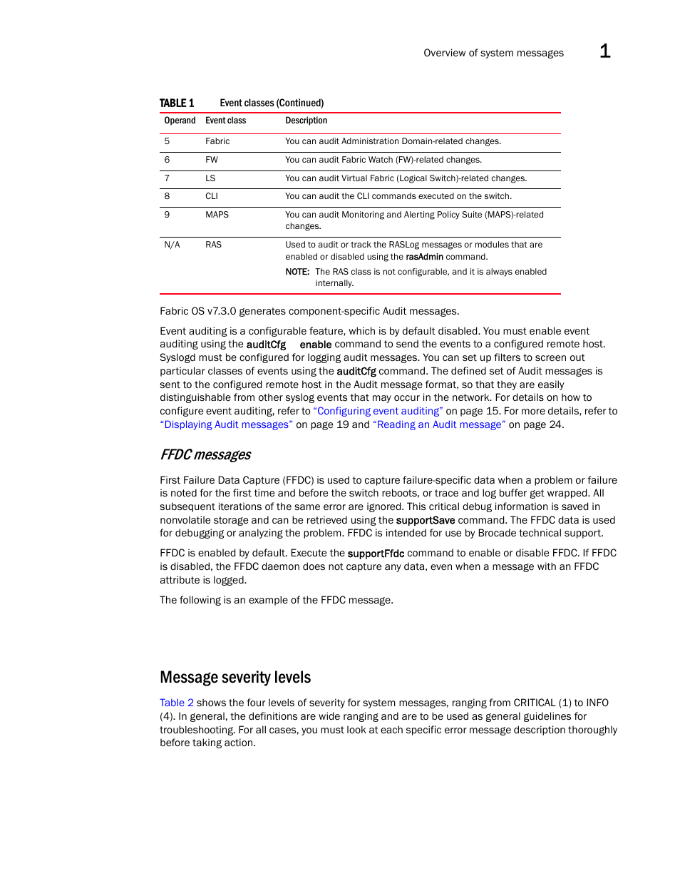 Message severity levels, Ffdc messages | Brocade Fabric OS Message Reference (Supporting Fabric OS v7.3.0) User Manual | Page 25 / 1008