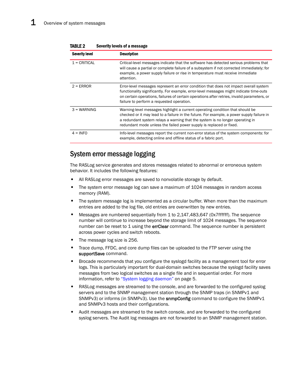 System error message logging, Table 2 | Brocade Fabric OS Message Reference (Supporting Fabric OS v7.3.0) User Manual | Page 26 / 1008