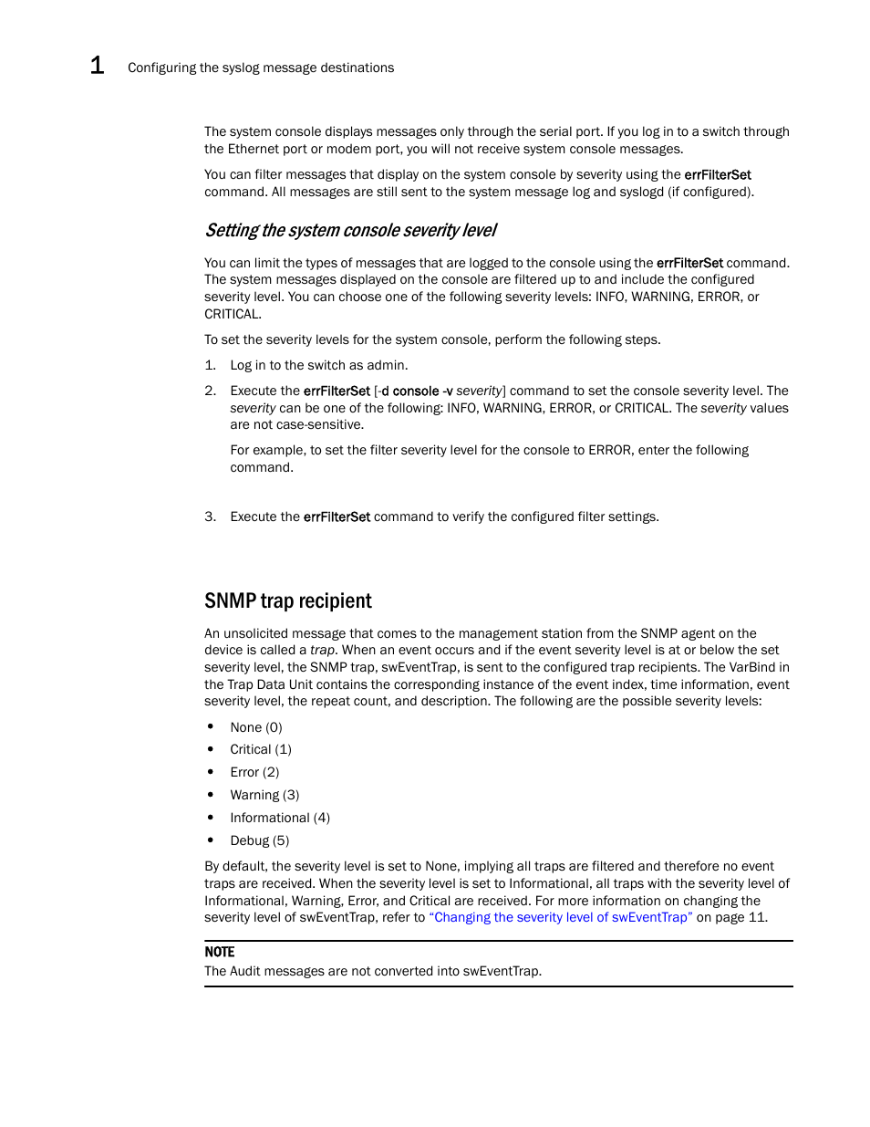 Snmp trap recipient, Setting the system console severity level | Brocade Fabric OS Message Reference (Supporting Fabric OS v7.3.0) User Manual | Page 28 / 1008