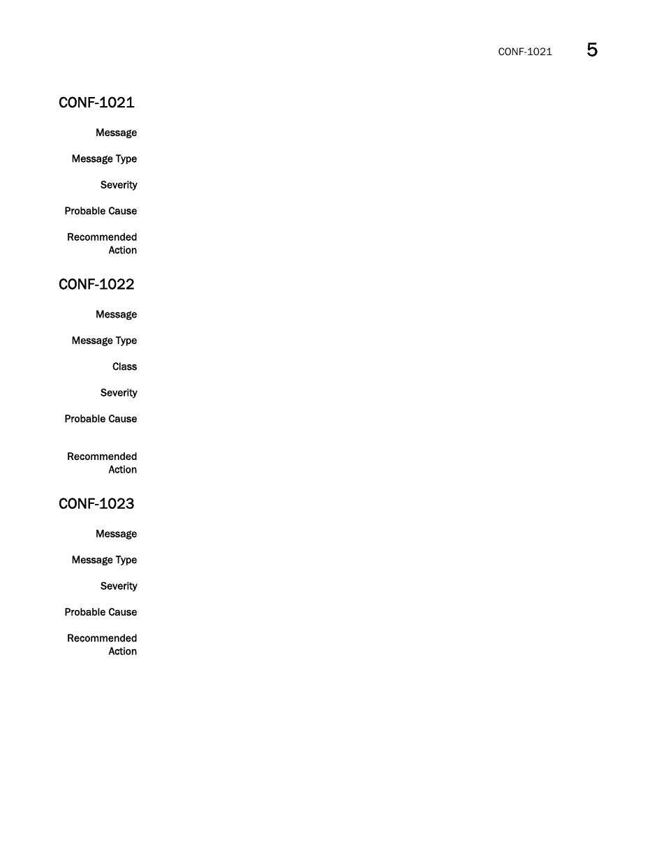 Conf-1021, Conf-1022, Conf-1023 | Brocade Fabric OS Message Reference (Supporting Fabric OS v7.3.0) User Manual | Page 283 / 1008