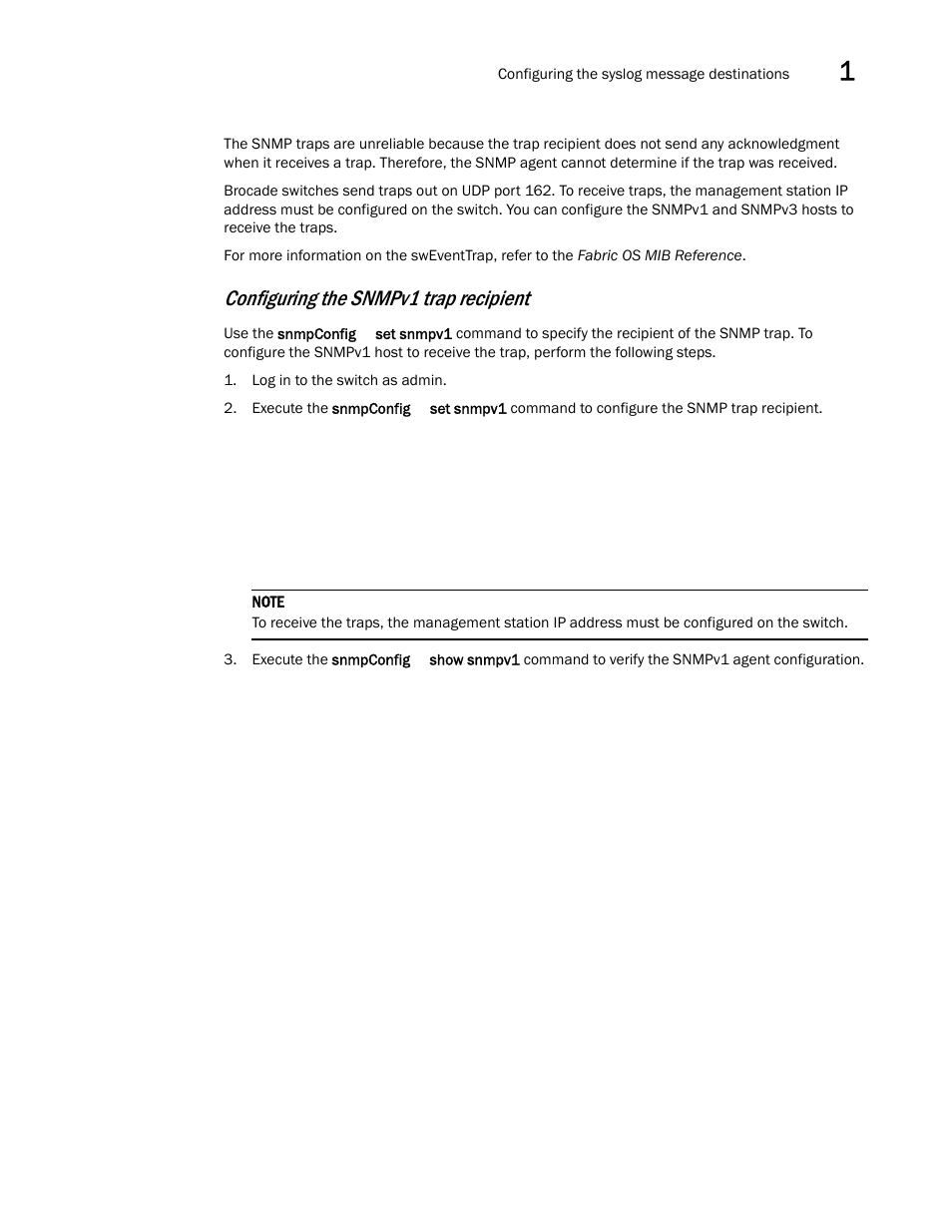 Configuring the snmpv1 trap recipient | Brocade Fabric OS Message Reference (Supporting Fabric OS v7.3.0) User Manual | Page 29 / 1008