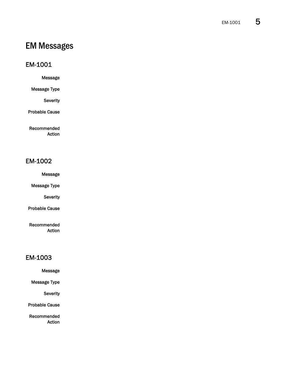 Em messages, Em-1001, Em-1002 | Em-1003 | Brocade Fabric OS Message Reference (Supporting Fabric OS v7.3.0) User Manual | Page 321 / 1008