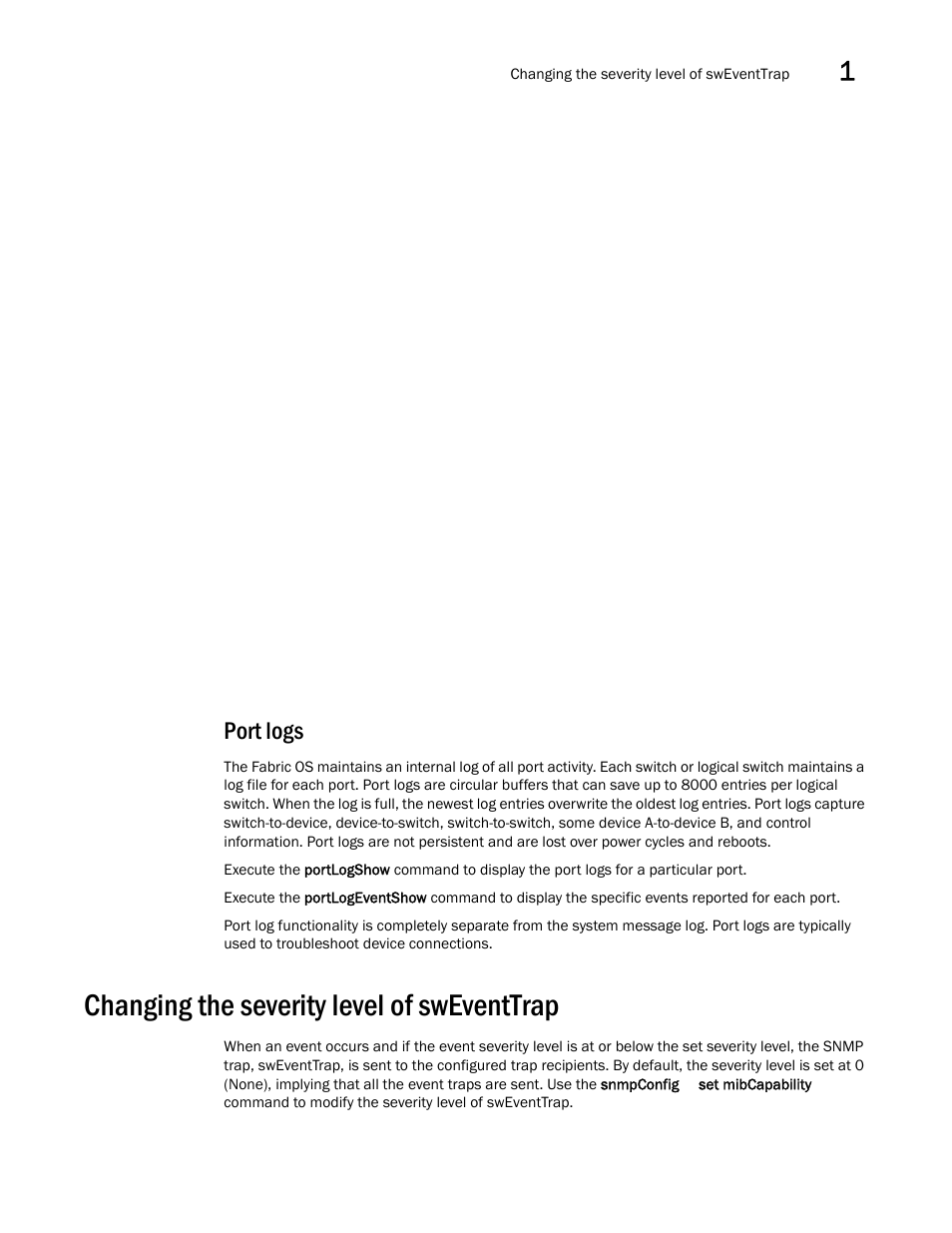 Port logs, Changing the severity level of sweventtrap | Brocade Fabric OS Message Reference (Supporting Fabric OS v7.3.0) User Manual | Page 33 / 1008