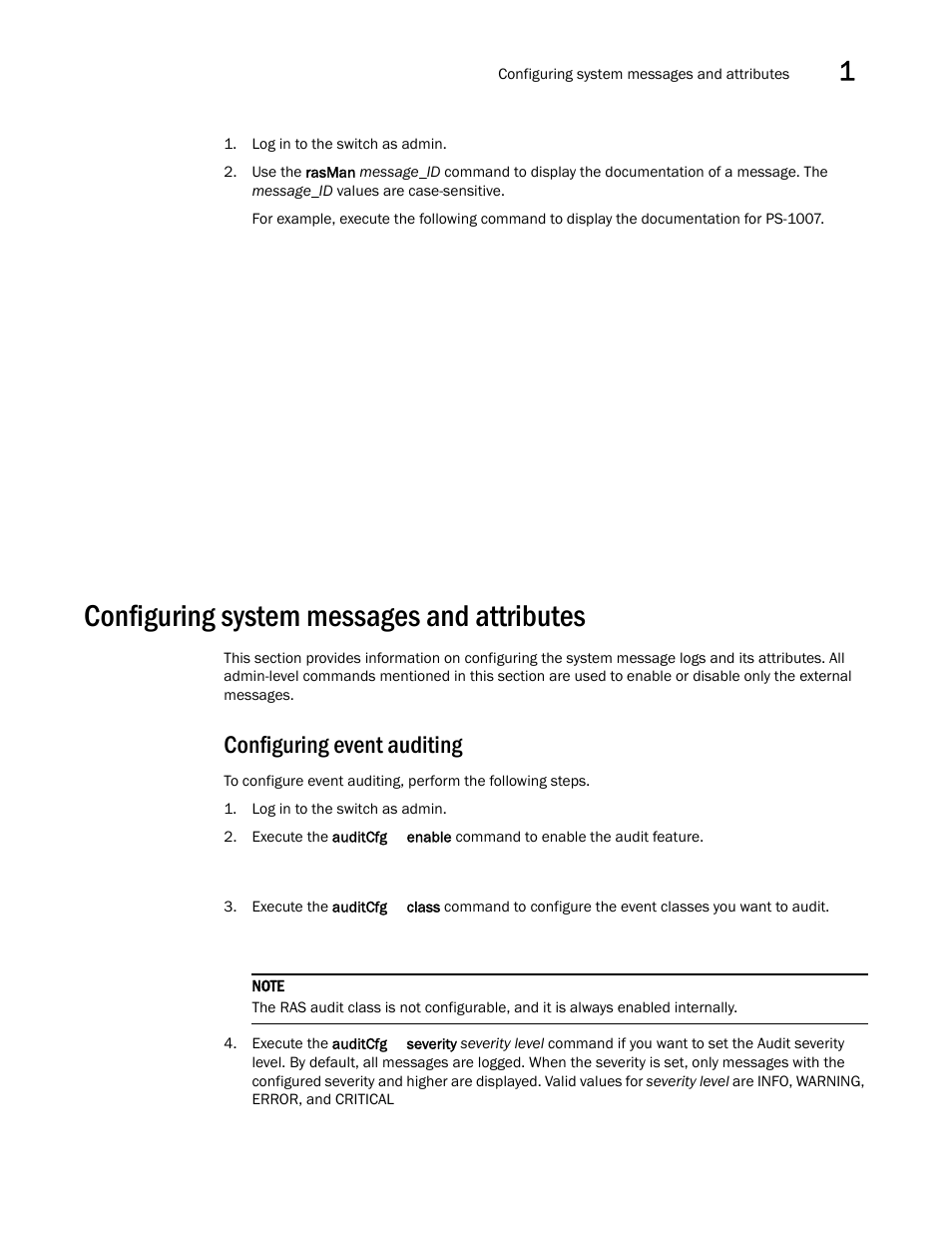 Configuring system messages and attributes, Configuring event auditing | Brocade Fabric OS Message Reference (Supporting Fabric OS v7.3.0) User Manual | Page 37 / 1008