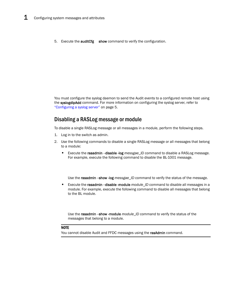 Disabling a raslog message or module | Brocade Fabric OS Message Reference (Supporting Fabric OS v7.3.0) User Manual | Page 38 / 1008