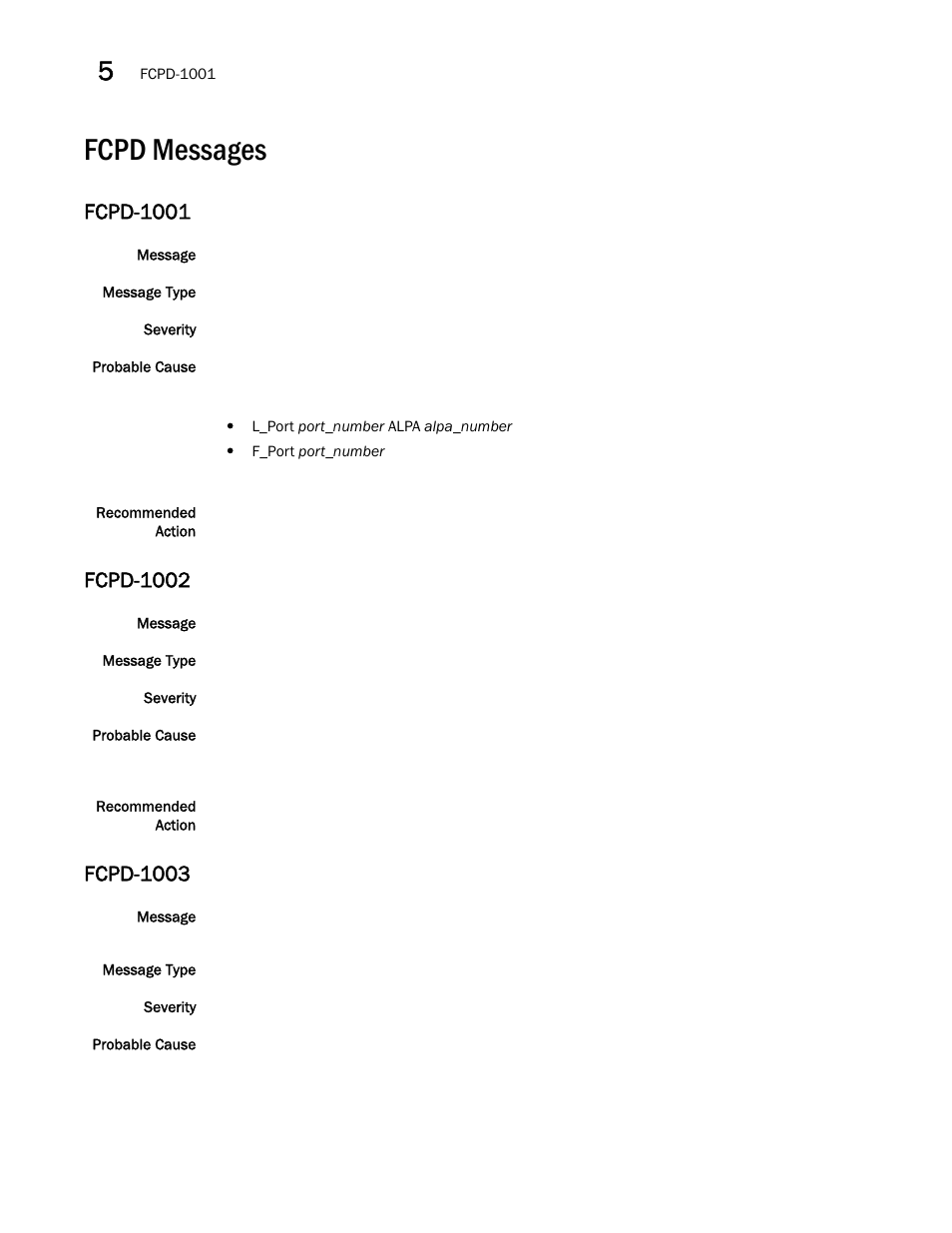Fcpd messages, Fcpd-1001, Fcpd-1002 | Fcpd-1003 | Brocade Fabric OS Message Reference (Supporting Fabric OS v7.3.0) User Manual | Page 398 / 1008