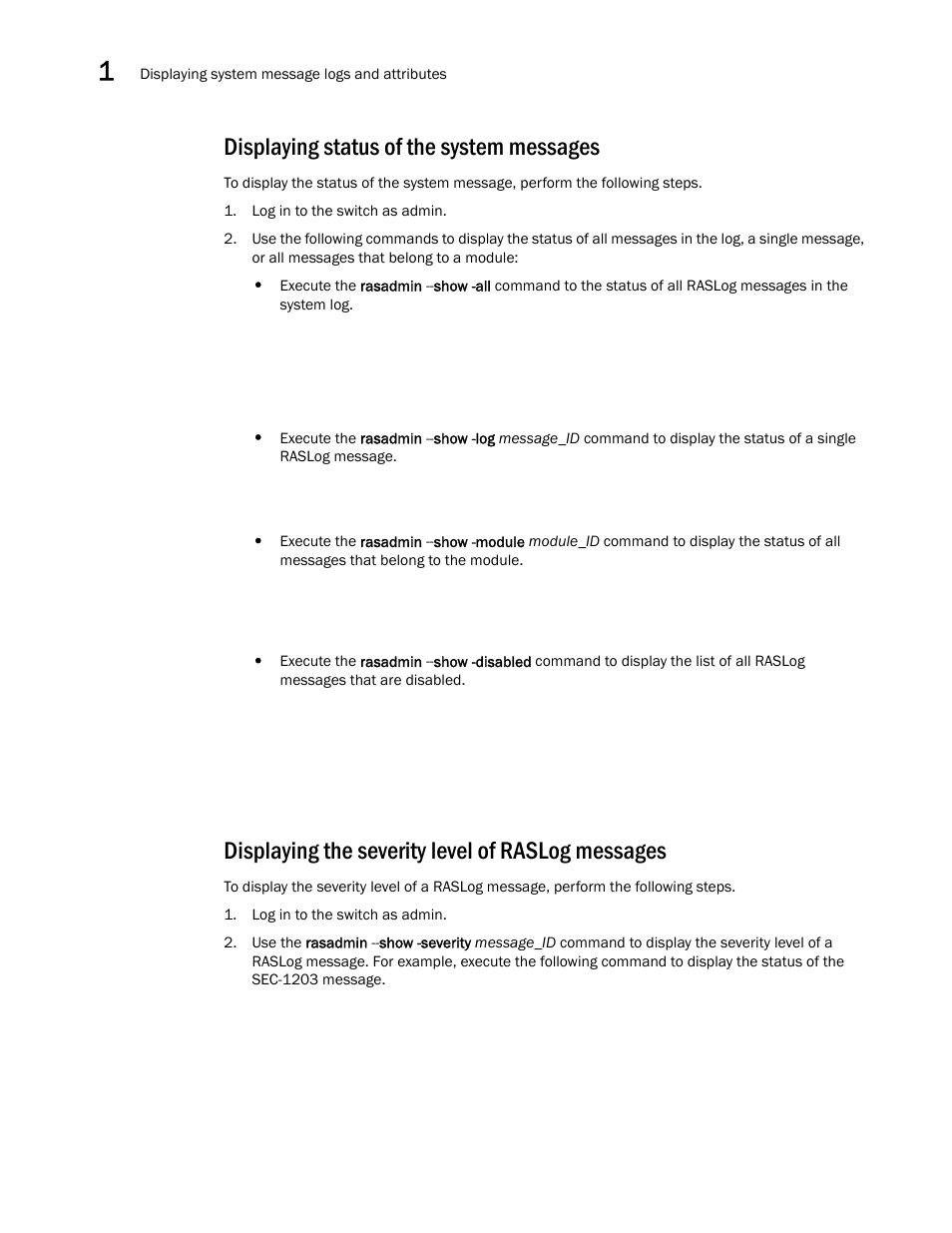 Displaying status of the system messages, Displaying the severity level of raslog messages | Brocade Fabric OS Message Reference (Supporting Fabric OS v7.3.0) User Manual | Page 42 / 1008