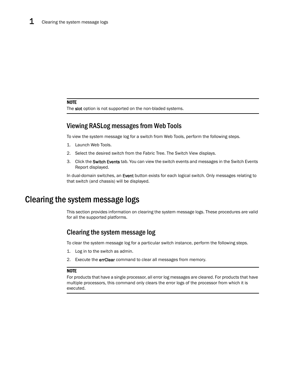 Viewing raslog messages from web tools, Clearing the system message logs, Clearing the system message log | Brocade Fabric OS Message Reference (Supporting Fabric OS v7.3.0) User Manual | Page 44 / 1008