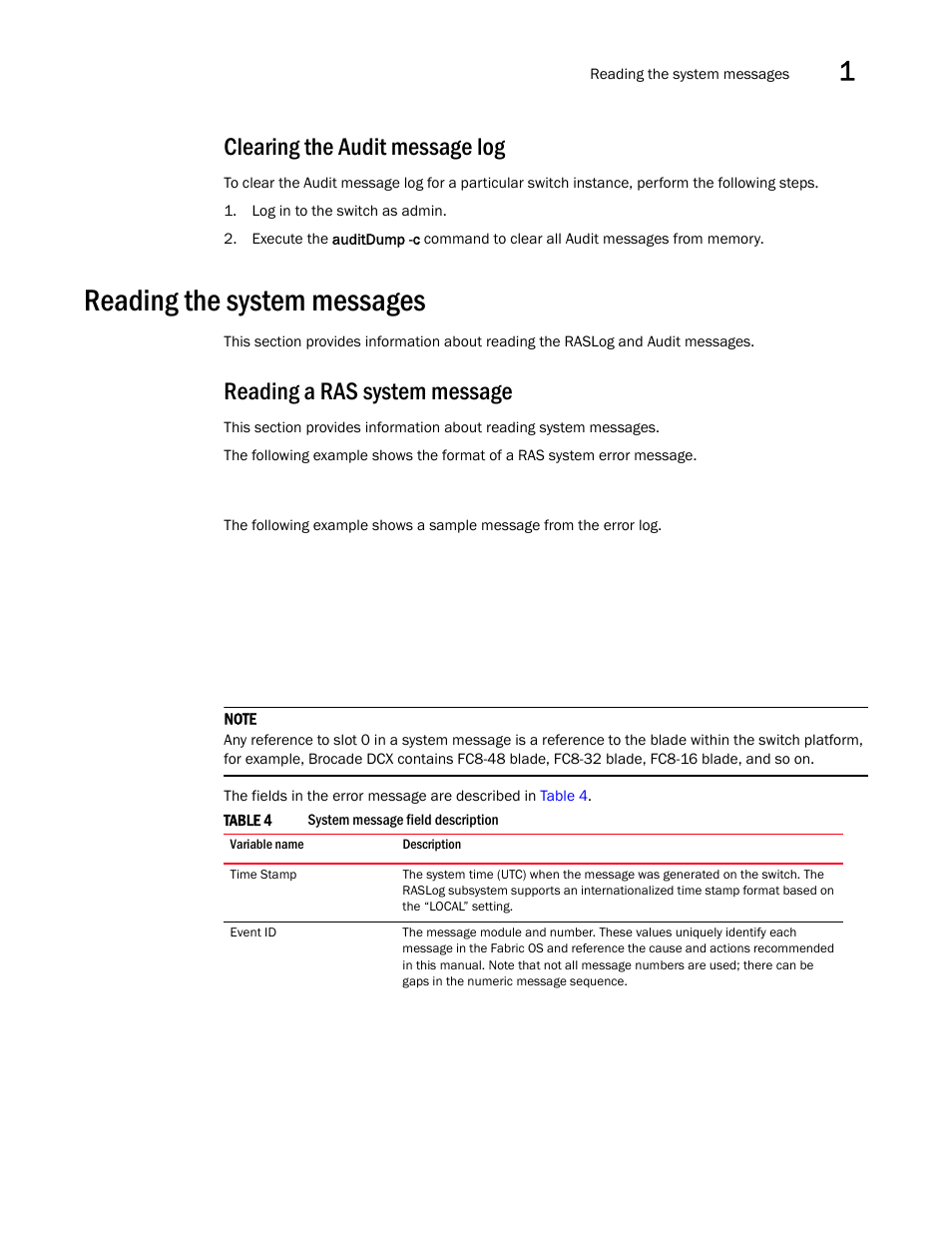 Clearing the audit message log, Reading the system messages, Reading a ras system message | Brocade Fabric OS Message Reference (Supporting Fabric OS v7.3.0) User Manual | Page 45 / 1008