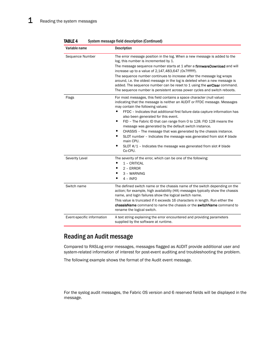 Reading an audit message | Brocade Fabric OS Message Reference (Supporting Fabric OS v7.3.0) User Manual | Page 46 / 1008