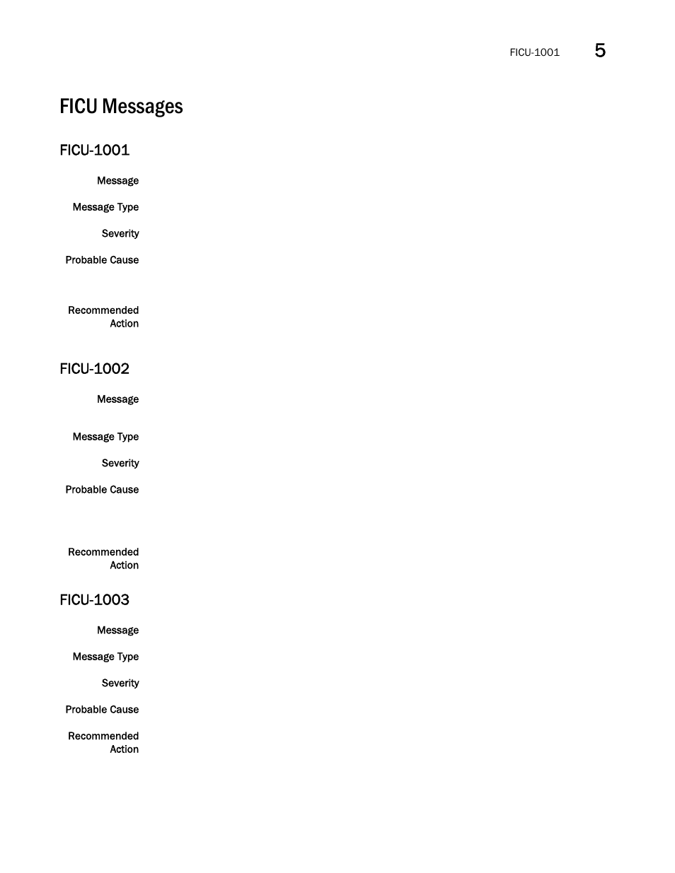 Ficu messages, Ficu-1001, Ficu-1002 | Ficu-1003 | Brocade Fabric OS Message Reference (Supporting Fabric OS v7.3.0) User Manual | Page 477 / 1008