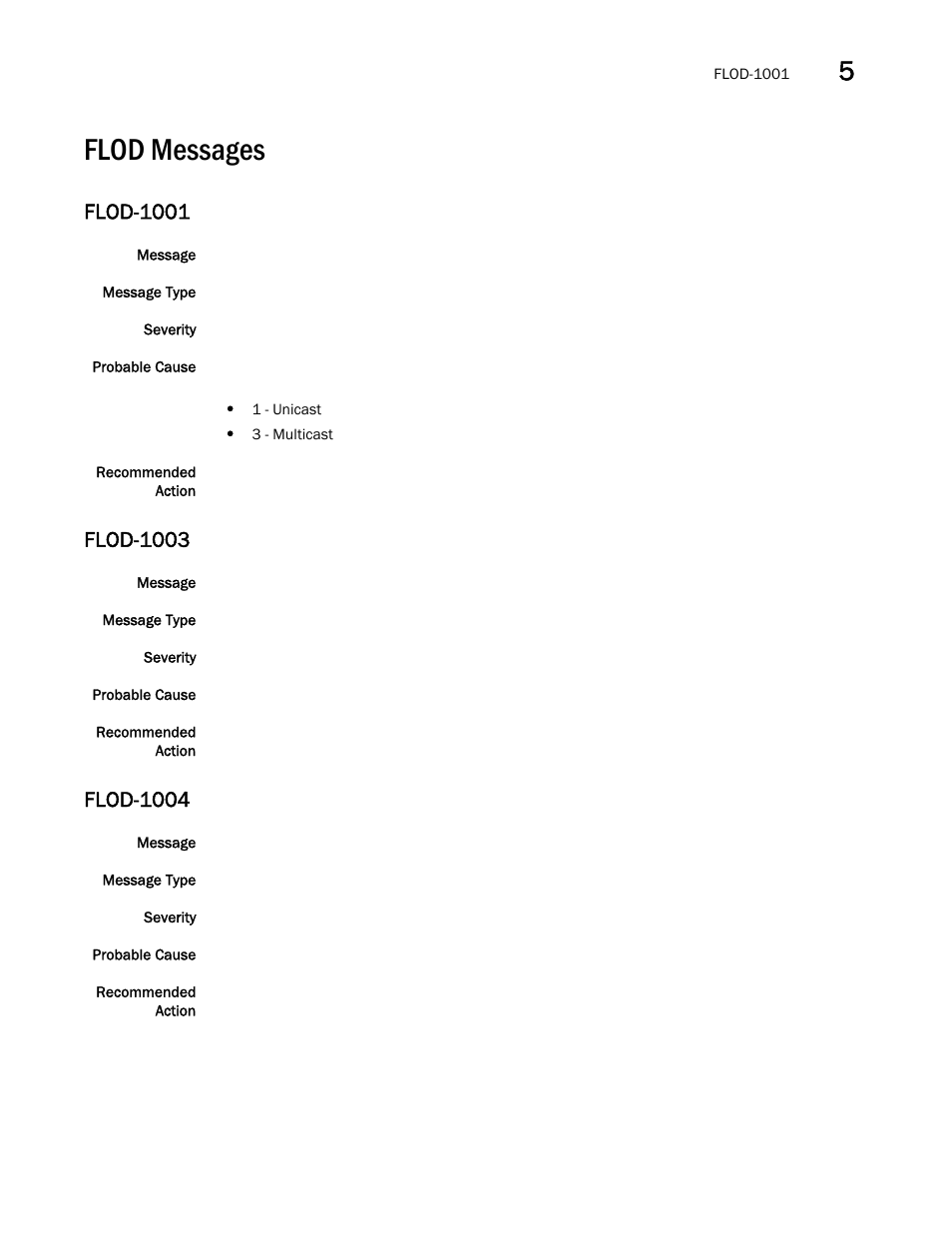Flod messages, Flod-1001, Flod-1003 | Flod-1004 | Brocade Fabric OS Message Reference (Supporting Fabric OS v7.3.0) User Manual | Page 485 / 1008