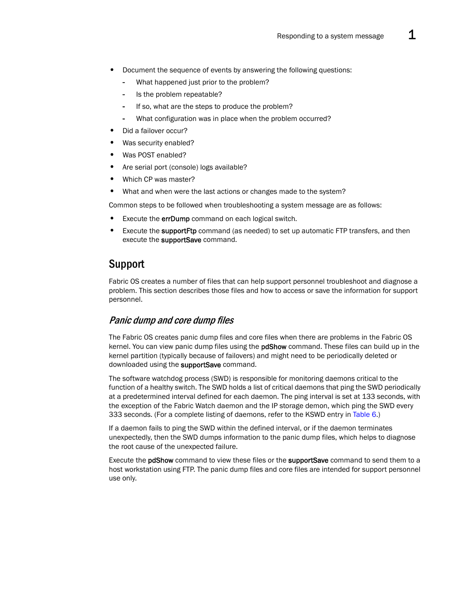 Support, Panic dump and core dump files | Brocade Fabric OS Message Reference (Supporting Fabric OS v7.3.0) User Manual | Page 49 / 1008